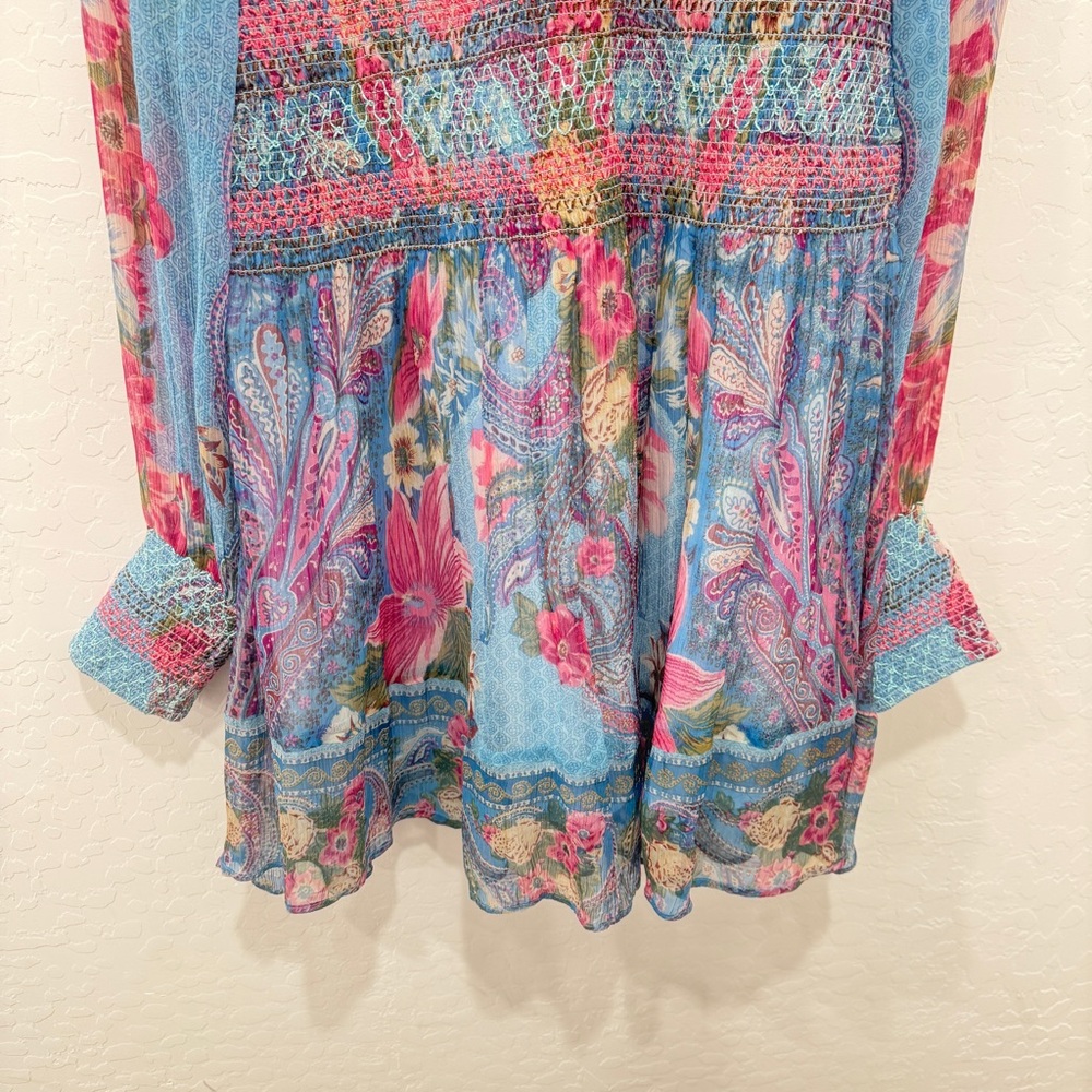 Ritu Kumar Tunic Blouse Womens Small Smocked Floral Paisley Spring Summer Boho - Picture 3 of 9